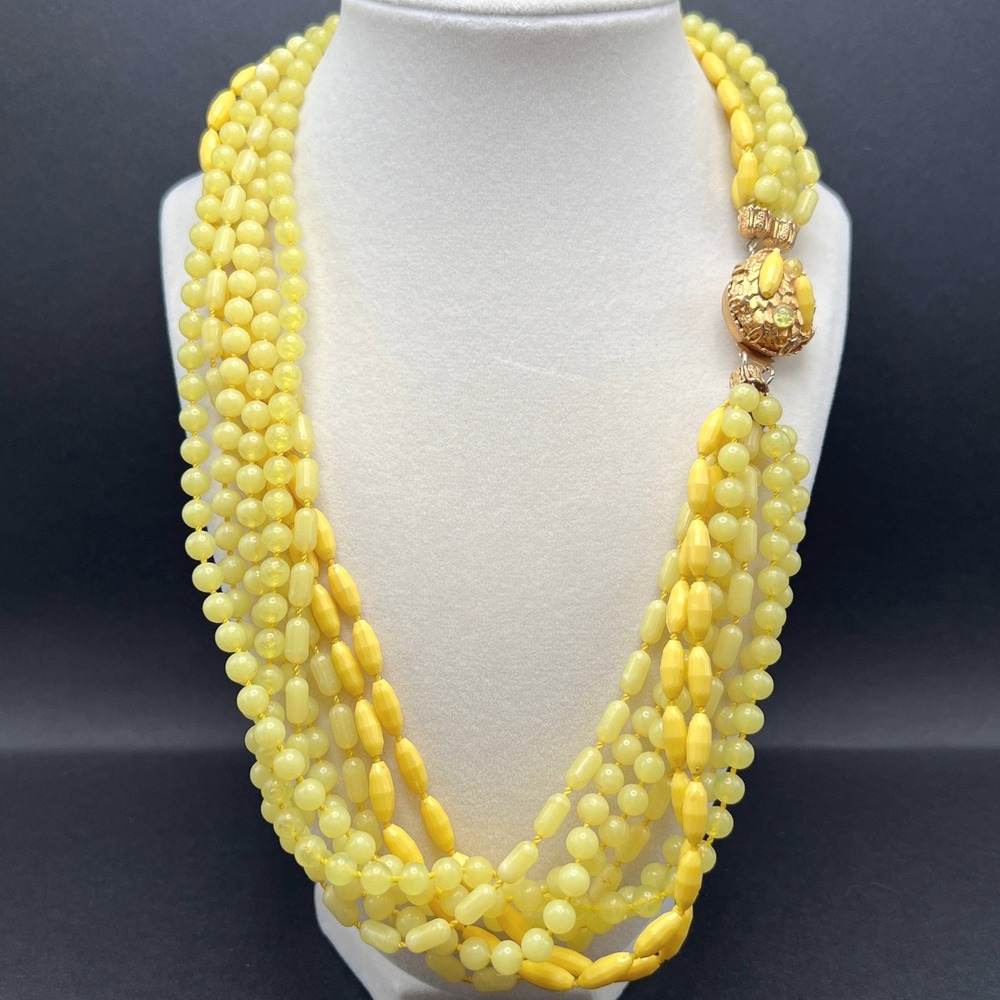 Vintage Multi Strand Necklace Gold Tone Yellow Acrylic Beaded Layered Box Clasp